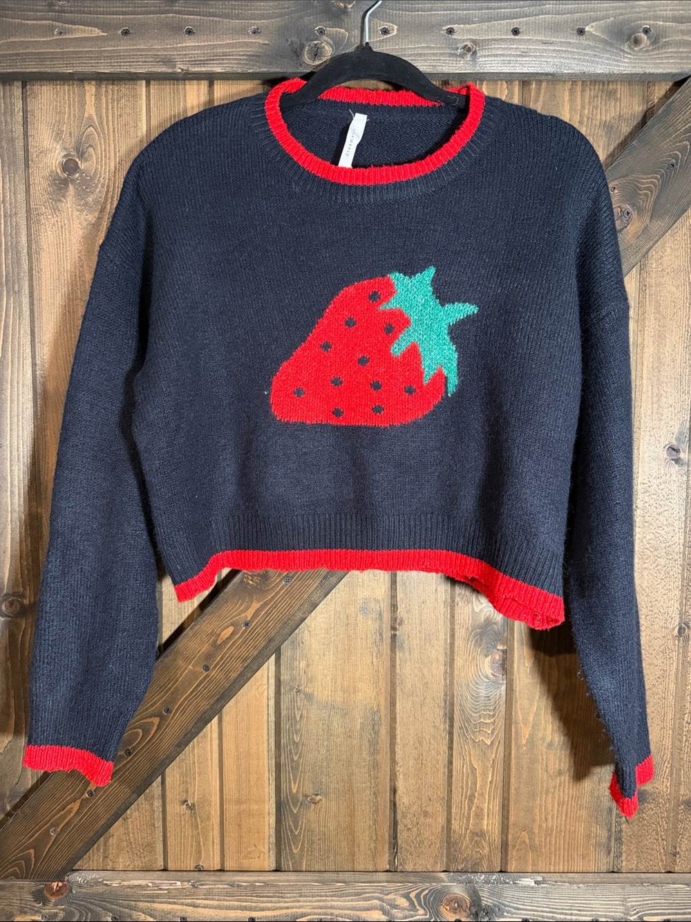 Dreamers Black Cropped Strawberry Crewneck Sweater with Red Trim
